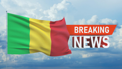 Breaking news. World news with backgorund waving national flag of Mali. 3D illustration.