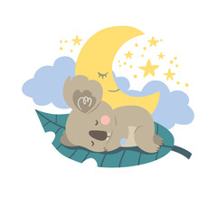 Vector koala sleeps on a leaf with clouds and moon. Excellent for the design of postcards, posters, stickers and so on. © Inna