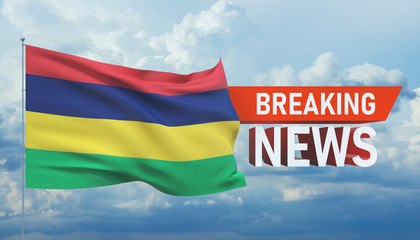 Breaking news. World news with backgorund waving national flag of Mauritius. 3D illustration.