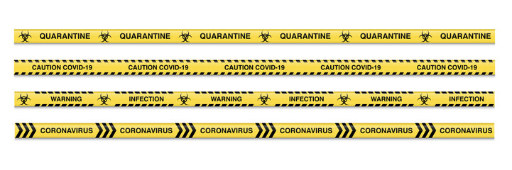 Warning coronavirus quarantine yellow and black striped tapes isolated on white background. Vector seamless design elements set.