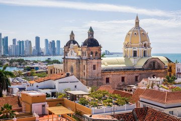 View of the St. Peter Claver church and the old town in Cartagena, Colombia