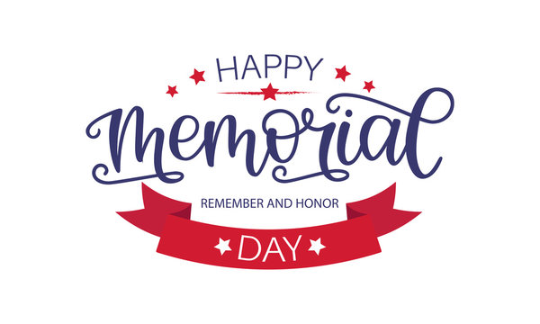Vector illustration of Memorial Day logotype. Hand drawn text with stars and red ribbon isolated on white background. Typography poster for American national holiday. Icon, greeting card, badge design