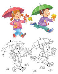 Four seasons. Cute boy and girl are playing outdoors. Coloring page. Coloring book. Illustration for children. Cute and funny cartoon characters