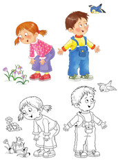 Fototapeta na wymiar Four seasons. Cute boy and girl are playing outdoors. Coloring page. Coloring book. Illustration for children. Cute and funny cartoon characters