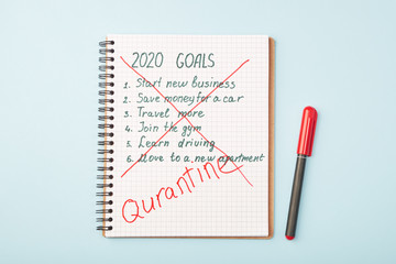 Notepad page with crossed out annual goals. Inscription Quarantine. Сoncept of change plans due to the coronavirus pandemic.