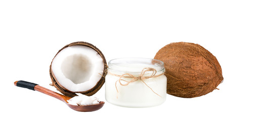 coconut, coconut oil and spoon with coconut flakes on a white background