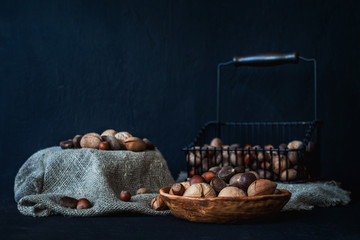 Still life with nuts and burlap