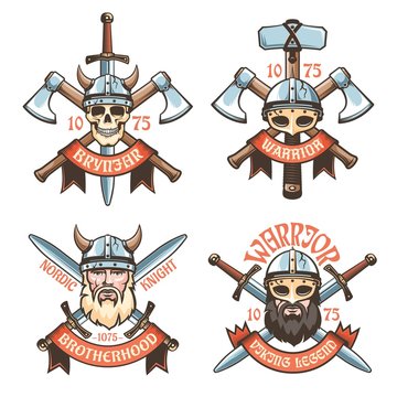 Barbarian warrior retro logos. Medieval Viking heraldic emblems. Vector illustration.
