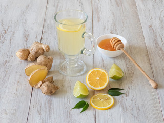 Antiviral drink with lemon, honey and ginger root, strengthening of immunity concept