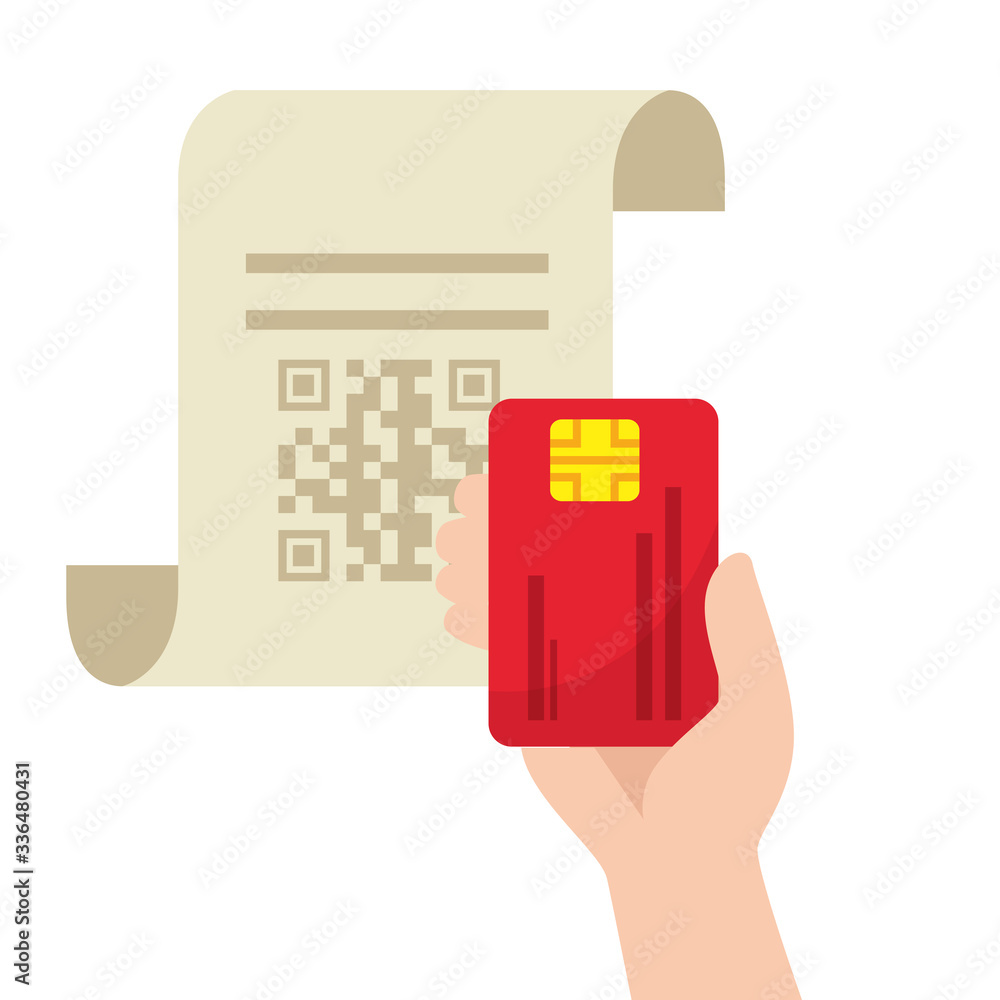 Poster qr code over receipt paper and credit card design of technology scan information business price comm