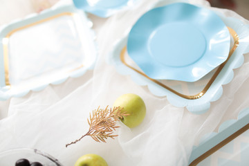 Very beautiful holiday disposable tableware in blue.