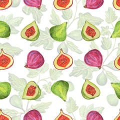 Botanical seamless pattern with figs and green leaves.