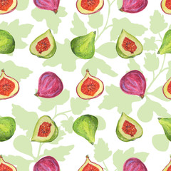 Botanical seamless pattern with figs and green leaves.
