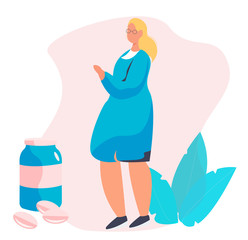 Blonde Doctor with glasses. Woman Therapist Character with Big Pills and Bottle in Medical Gown on Pink Background. Medicament Treatment and Health Care. Flat Vector Illustration