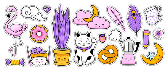 Maneki-neko, sushi and flamingo, houseplant, geyser coffee maker. Doodle cartoon characters. Vector illustration.