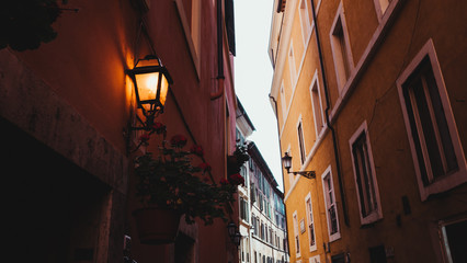 Beautiful landscape in one of the streets Florence Italy, illuminated by a spectacular lamp.