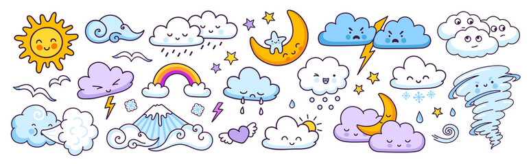 Fototapeta Set of cute weather forecast characters with funny faces. Clouds, sun, rainbow, tornado, rain and wind. Vector illustrations. obraz