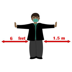 Person wearing a medical mask on his face is demonstrating the obligatory social distance during a pandemic.