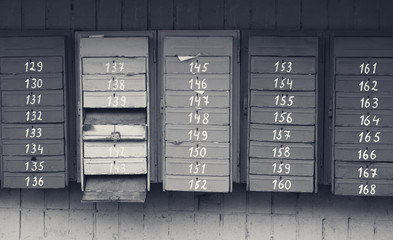 Old vintage post boxes. Black and white retro toned