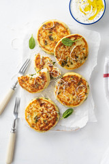 Cottage cheese pancakes with spinach and cheese.