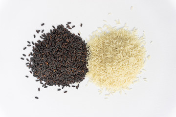 Two different rice varieties mountains. Black and white rice.