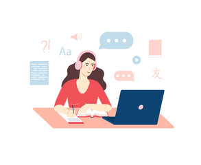 Fototapeta na wymiar Language courses, distance education, training and courses, design concept. Female student learns a new language online with blue laptop at home. Vector flat cartoon illustration