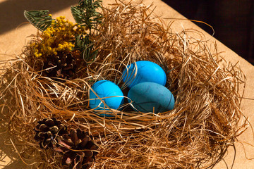 Painted Easter eggs in a nest of straw. Sunlight. Easter still life. - 336482612