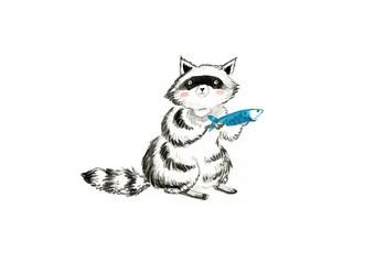 A nice illustration of a raccoon in cartoon style, watercolor.