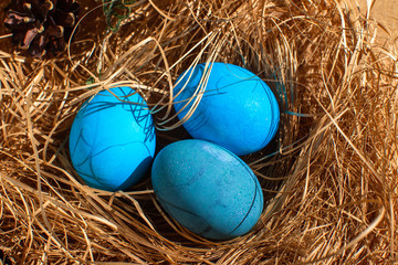 Painted Easter eggs in a nest of straw. Sunlight. Easter still life. - 336482687