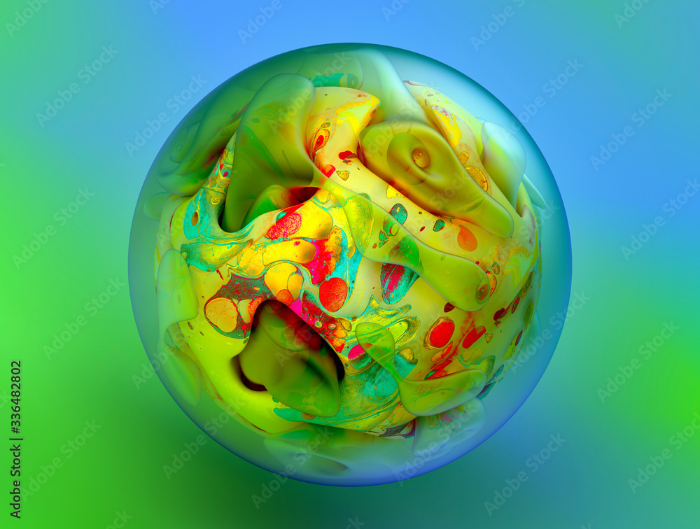 Wall mural 3d render of abstract art of surreal 3d glass ball with organic curve round wavy and smooth bio life
