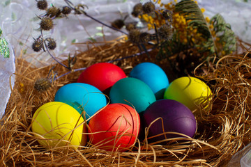 Obraz na płótnie Canvas Painted Easter eggs in a nest of straw. Sunlight. Easter still life.
