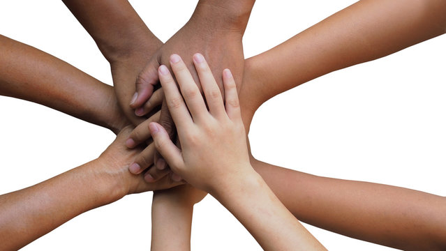 Human Join Hands Together Isolated On White Background, Collaboration Of Business And Education Teamwork Concept