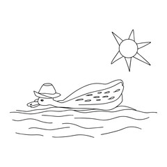 Outline duck swim vector isolated object on white background coloring book for children