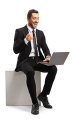 Businessman using a laptop computer and gesturing happiness