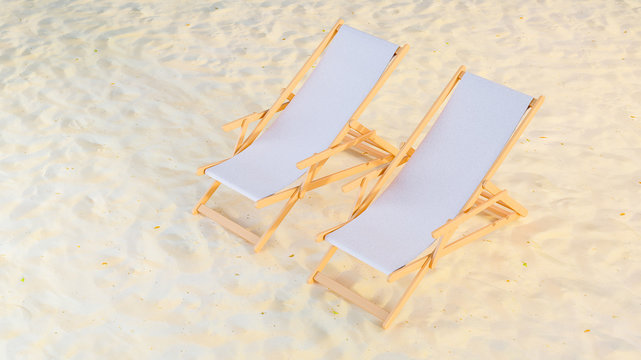3D image top side of two sunbeds with white fabric staying on the sand beach