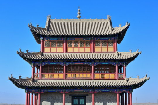 Upturned eaves-chiwen and chishou ornate-Xieshan roof-Gate of Sighs tower-Jiayuguan fortress-Gansu-China-0785