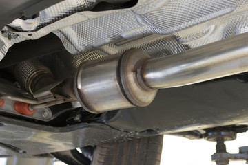 Catalytic converter of a modern car bottom view.	