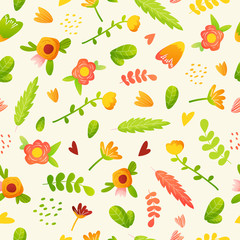 Bright flowers wild green herbs seamless pattern.
