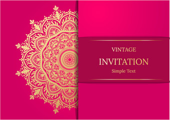 Elegant Save The Date card design. Vintage floral invitation card template. Luxury swirl mandala greeting card, gold, pink