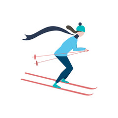 Young woman going skiing flat icon. Winter vacation, ski resort, athlete. Winter activity concept. can be used for topics like sport, recreation, hobby