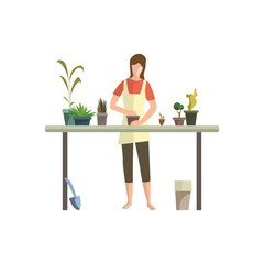 Young woman busy with houseplants flat icon. Flower shop, floriculture, greenhouse. Leisure concept. illustration can be used for topics like hobby, houseplants, gardening