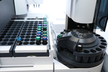 Quality Control Laboratory medicine. Chromatograph operation. makes an analysis on a gas...
