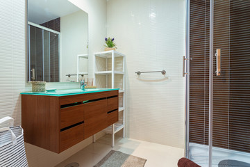 Modern shower room with a booth. European hotel design.