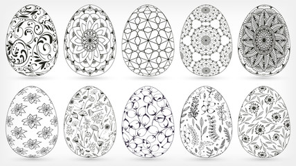 Hand drawn collection of many ornamental eggs with floral patterns, mandala, curls, flowers, leaves, plants, geometric. Decorative set illustration at Easter, greeting card, invitation, coloring book