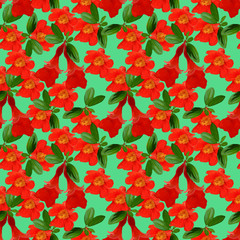 Hand drawn pomegranate branch with leaves and flowers. Seamless pattern. Illustration on light green background. Unusual template for design of textiles, paper, clothing, case phone cover