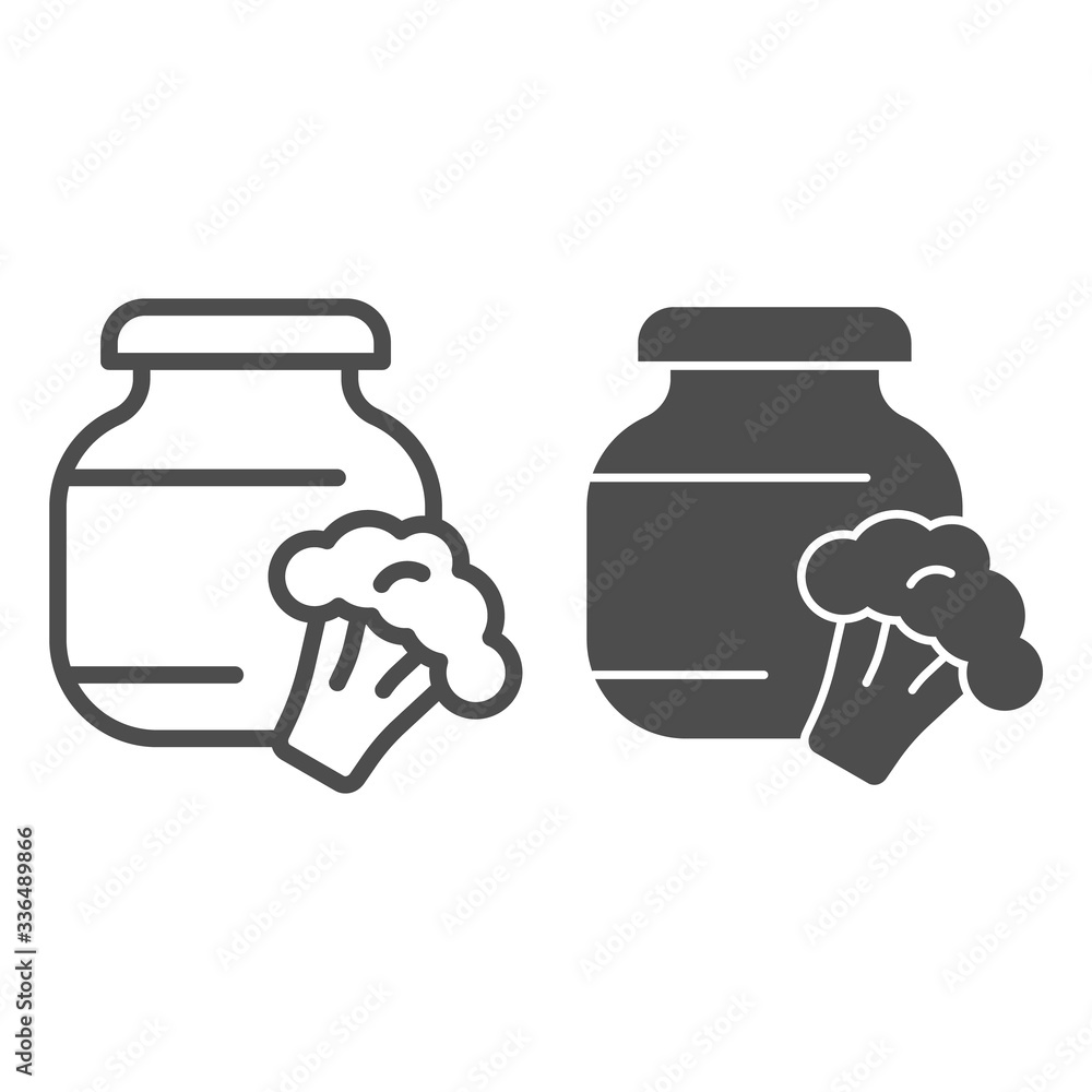 Poster Stewed cabbage and broccoli line and solid icon. Glass can jar and cabbage outline style pictogram on white background. Children homemade preserve for mobile concept and web design. Vector graphics.