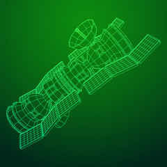 Space station communications satellite. Wireframe low poly mesh vector illustration.