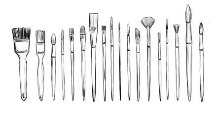 artist's brush. hand drawn pencil illustration of artistic instruments