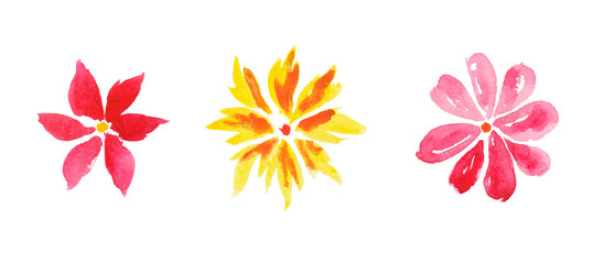 Fototapeta na wymiar Mini collection of simple watercolor flowers in yellow and red. Isolated elements on white background.
