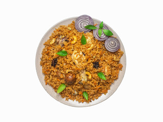 Isolated chicken Biryani. Arabic traditional food bowls Kabsa with meat